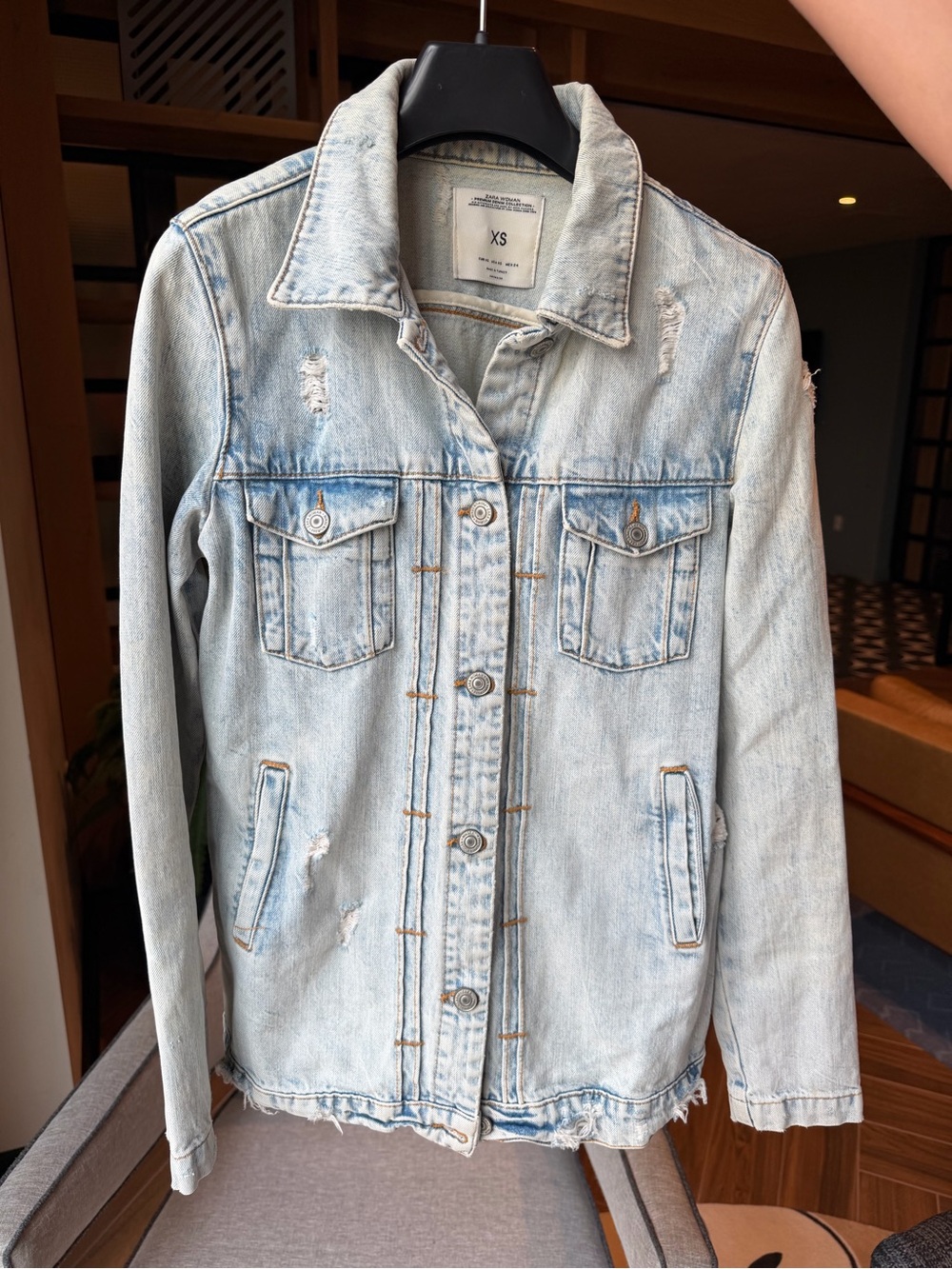 ZARA Light Wash Distressed Denim Jacket - XS